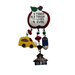 Vintage Teacher Apple Brooch Pin with School Bus Pencil Schoolhouse Charms